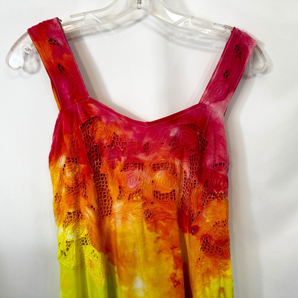 Tie Dye Medium Maxi Dress Handmade Rainbow Eyelet Hem Sleeveless Vacation 1760 - Picture 4 of 15